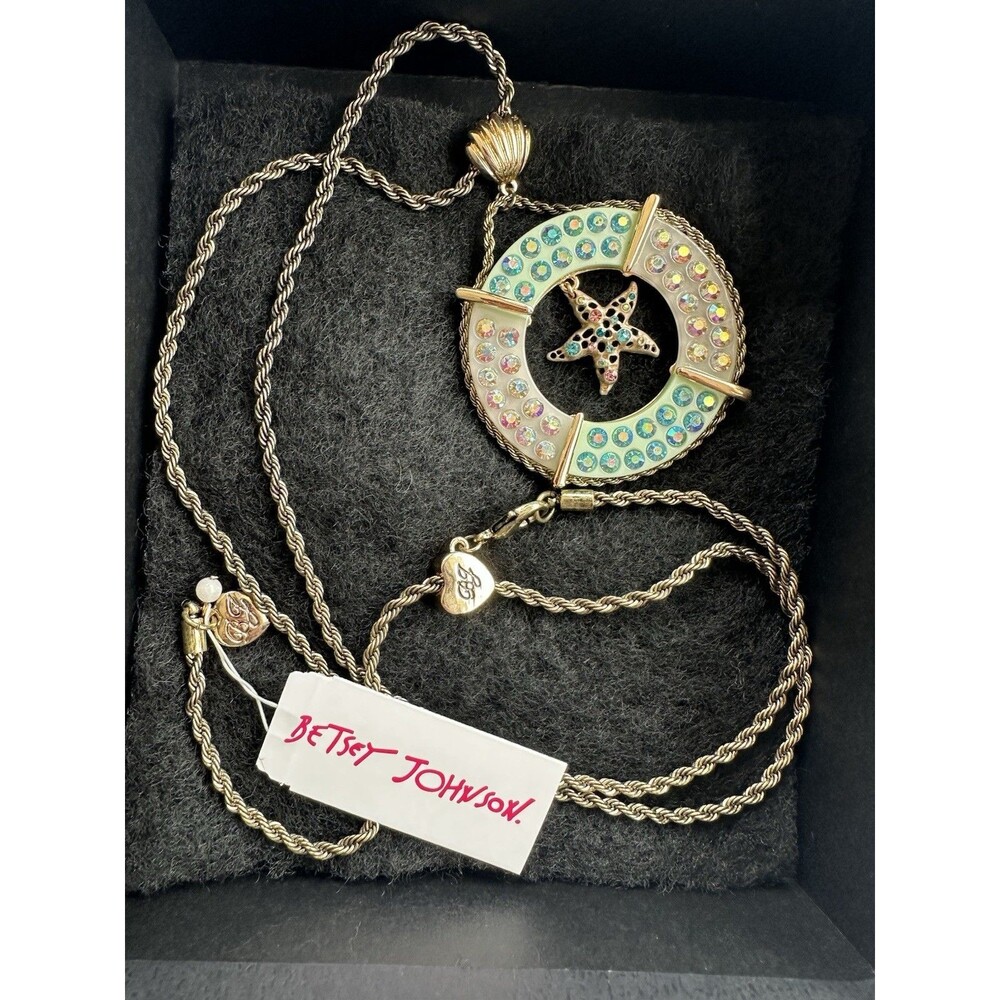 Betsey Johnson Starfish Crystal Pendant Necklace Gold Multicolor 18" Rope Chain